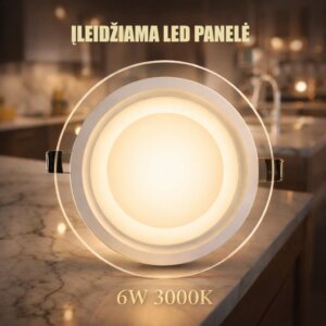 6W 3000K LED panelė apvali stikliniu rėmeliu šilta balta šviesa