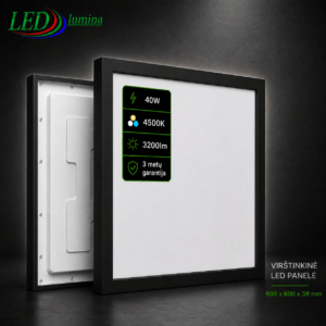 40W 4500K 600*600*38mm JUODA  Virštinkinė LED Panelė Kvadratinė Natūrali Balta šviesa