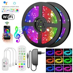 10m WI-FI (2x5m) RGB LED juostos komplektas valdomas telefonu ir nuotoliniu valdymo pulteliu