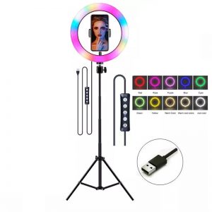 8W RGB LED fotografavimo lempa su stovu ir telefono laikikliu