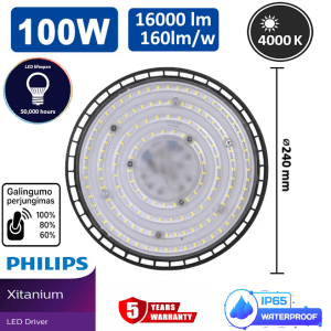 100W 4000K 16000 Lm IP65 LED UFO pramoninis - sandėlio šviestuvas