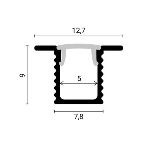 LED juostų profiliai - 2m Profilis LED juostai, įleidžiamas, pilkas, baltas dangtelis, 12.4x9mm