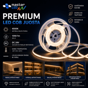 PREMIUM COB 24V 4000K 10W/m LED juosta IP65