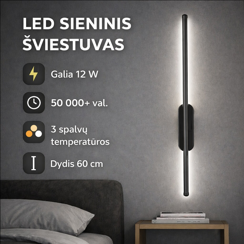 LED sieninis šviestuvas 60cm 12W 3CCT (3000K,4000K,6500K)