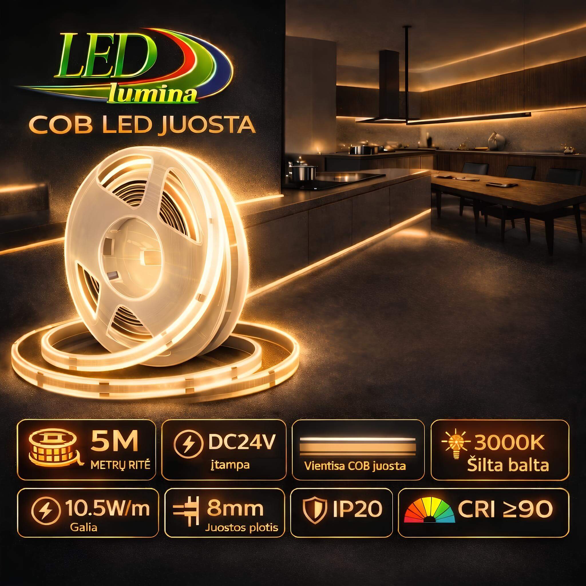 LED juosta COB 24V 3000K (10.5 W/m)