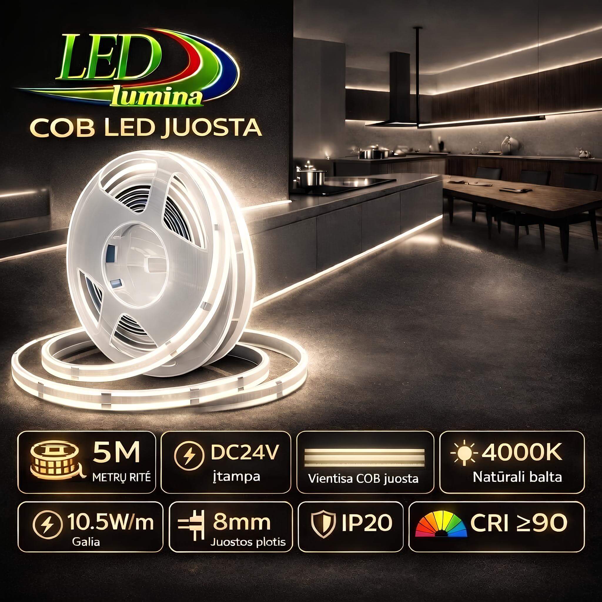 LED juosta COB 24V 4000K (10.5 W/m)
