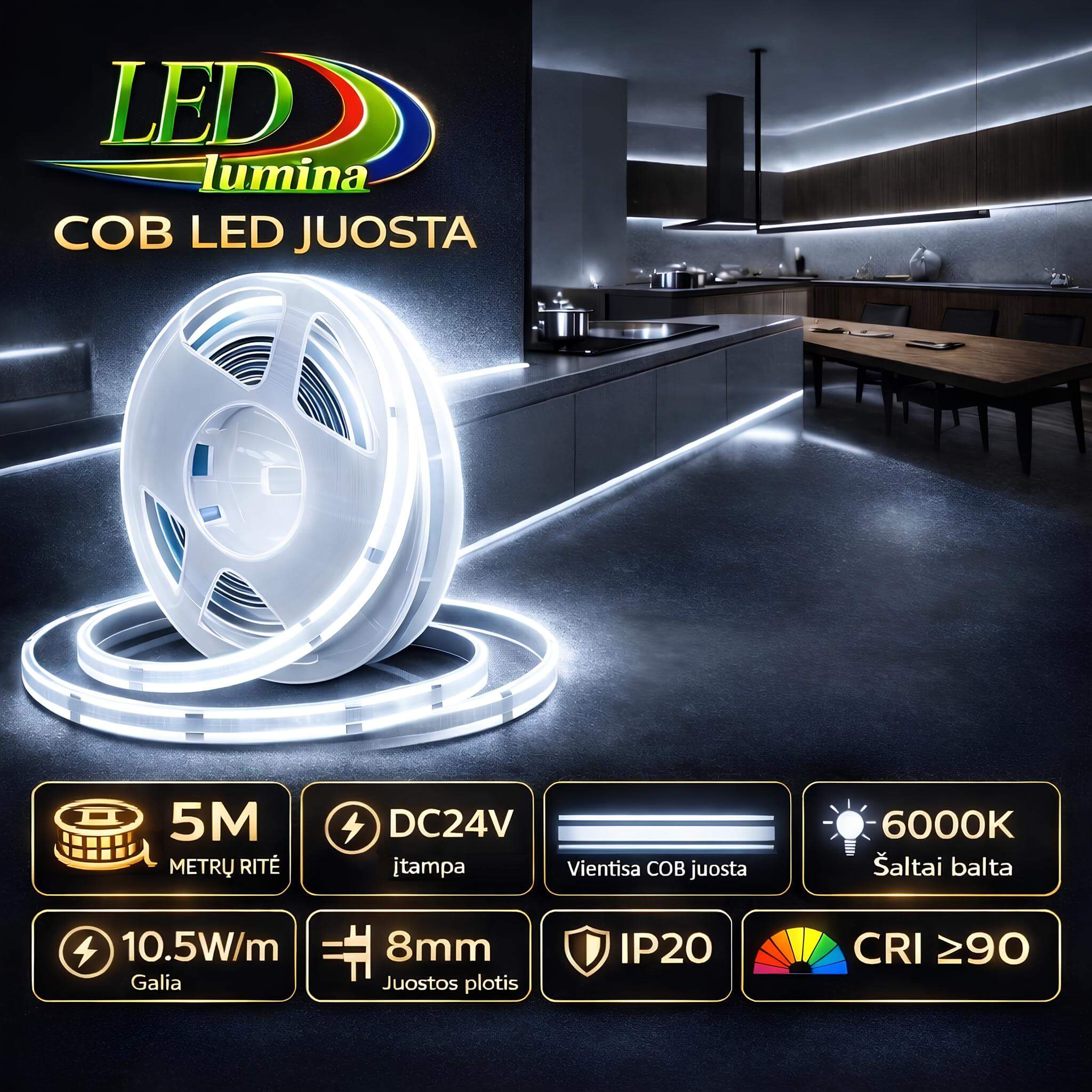 LED juosta COB 24V 6000K (10.5 W/m)
