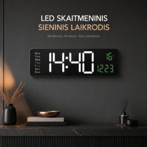 LED sieninis laikrodis su nuotolinio valdymo pulteliu