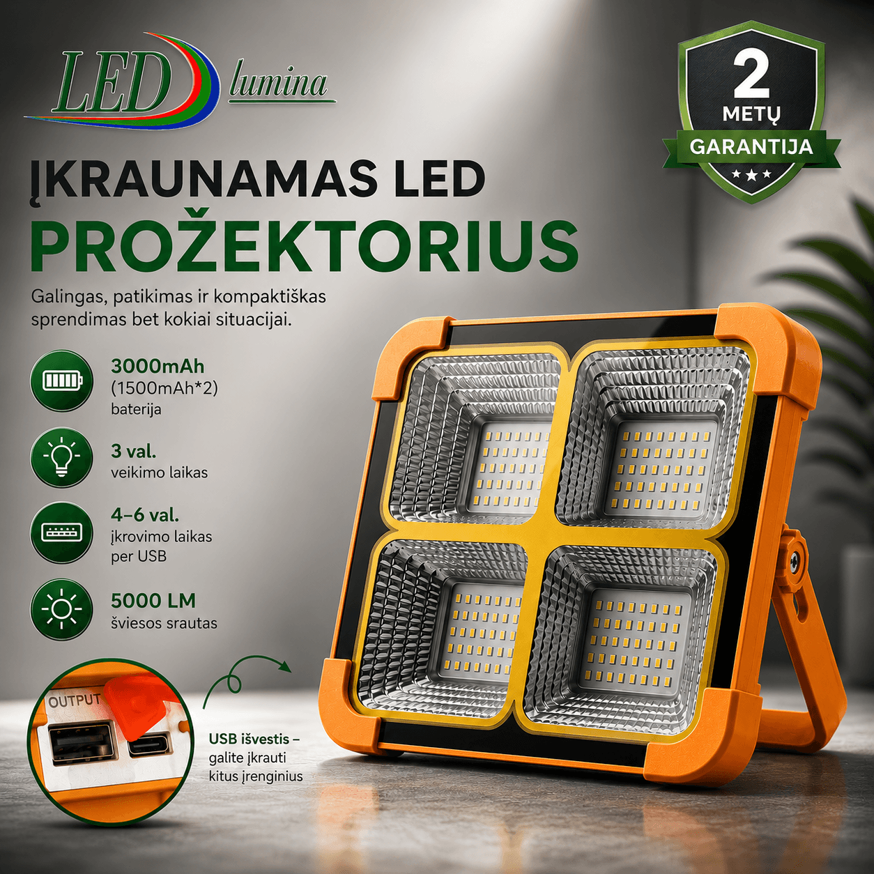 Nešiojamas įkraunamas LED prožektorius su saulės baterija IP66
